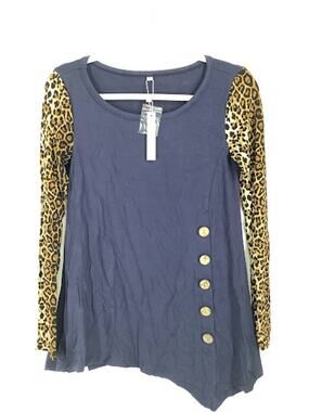 Viishow Women's S Blue Leopard Print Buttoned Pullover Sweater Fall Top